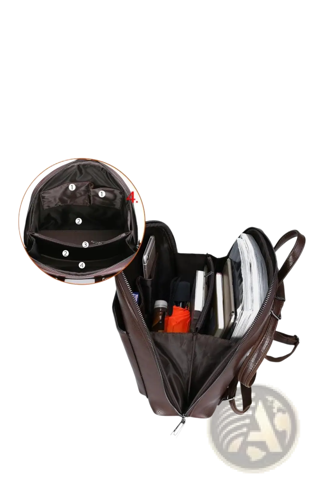 Brown pu leather anti-theft backpack with multiple compartments and magazine print detailing