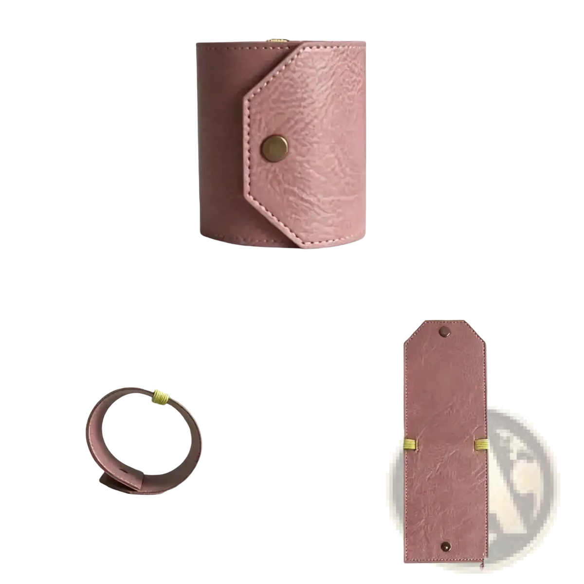 A soft pink pu leather card holder wallet with textured finish gold-toned snap button closure and matching stitching