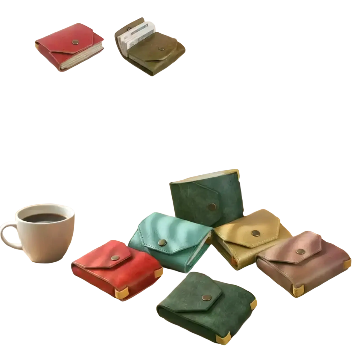 A collection of colorful pu leather card holder wallets in red green teal beige and pink with gold hardware