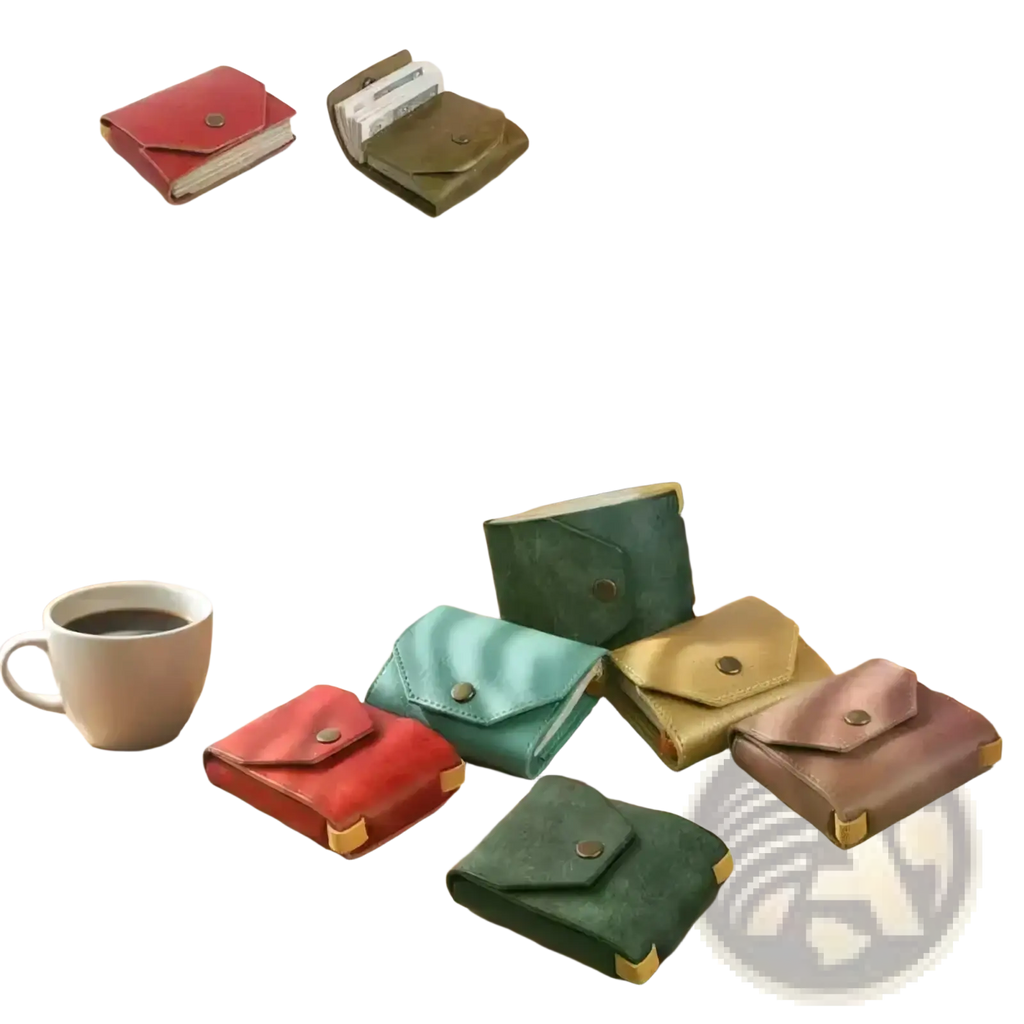 A collection of colorful pu leather card holder wallets in red green teal beige and pink with gold hardware