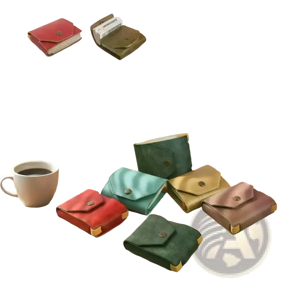 A collection of colorful pu leather card holder wallets in red green teal beige and pink with gold hardware