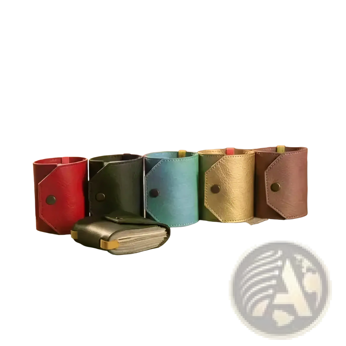 A set of five colorful pu leather card holder wallets with cylindrical shape and button closures in red black teal gold and rose pink