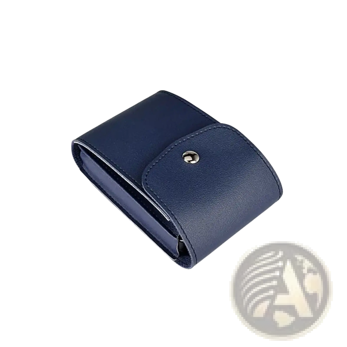 Navy blue pu leather digital storage bag with single silver-toned snap button closure for portable cable organization