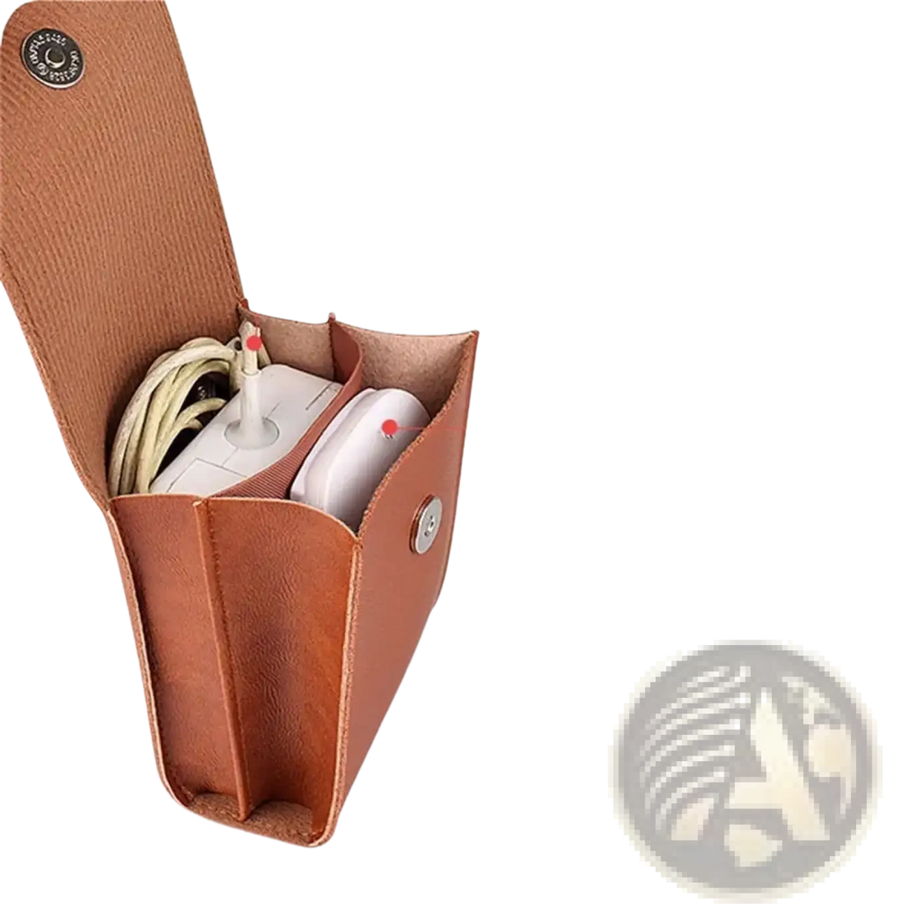 Brown leather pu digital storage bag with snap closure for organizing charger and mouse accessories