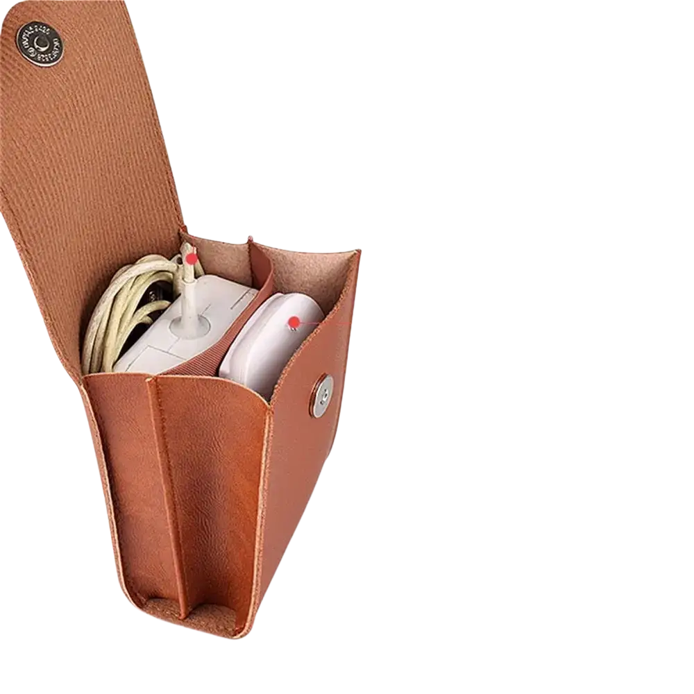 Brown leather pu digital storage bag with snap closure for organizing charger and mouse accessories