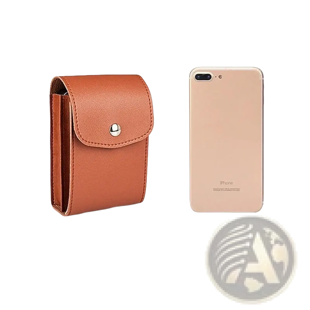 Brown pu leather digital storage bag with silver button closure for portable cable organization