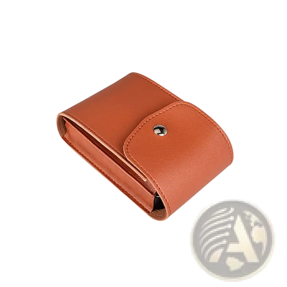Tan pu leather digital storage bag with single snap button closure designed as a portable cable organizer