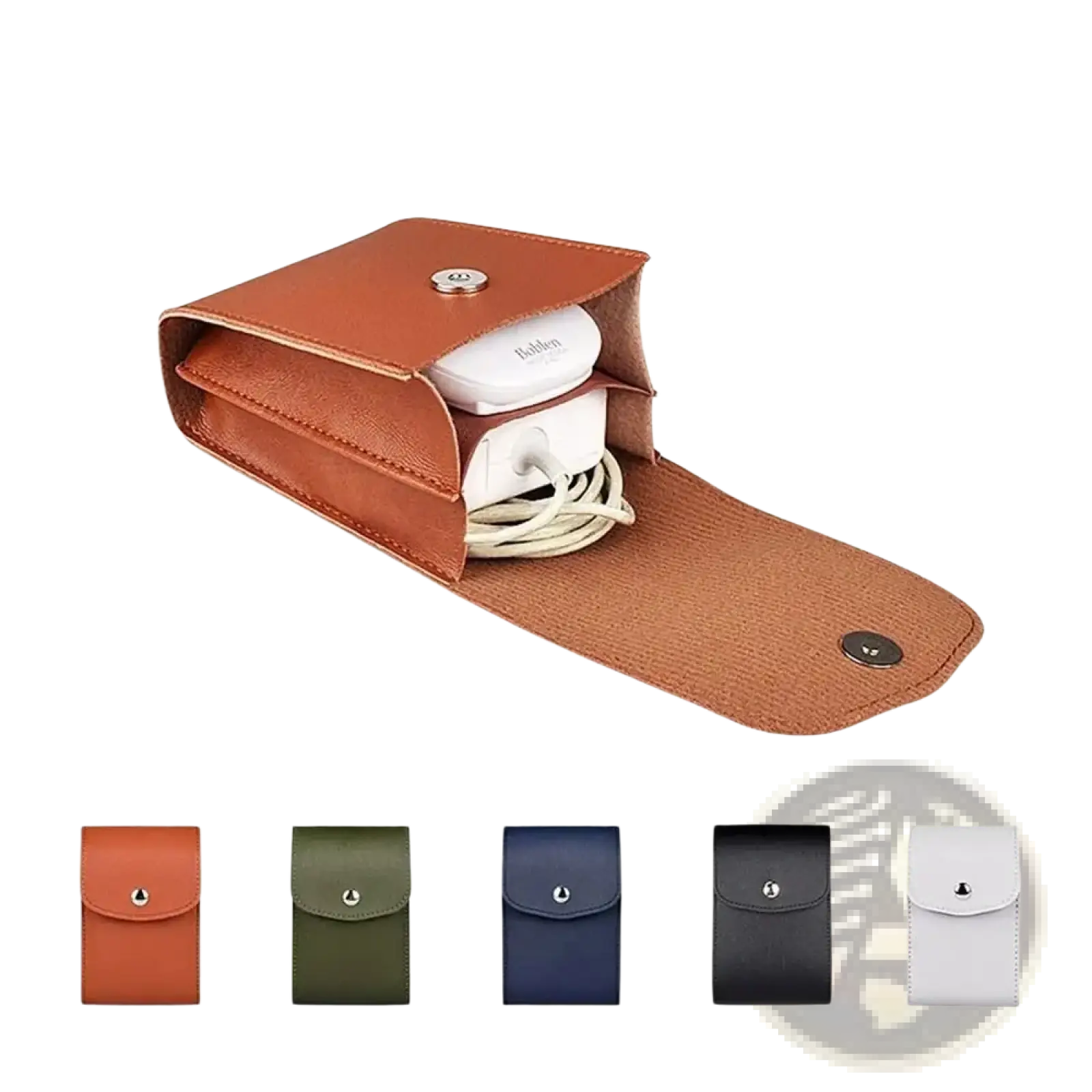 Brown pu leather digital storage bag open with snap closure holding a white charger adapter and coiled cable inside