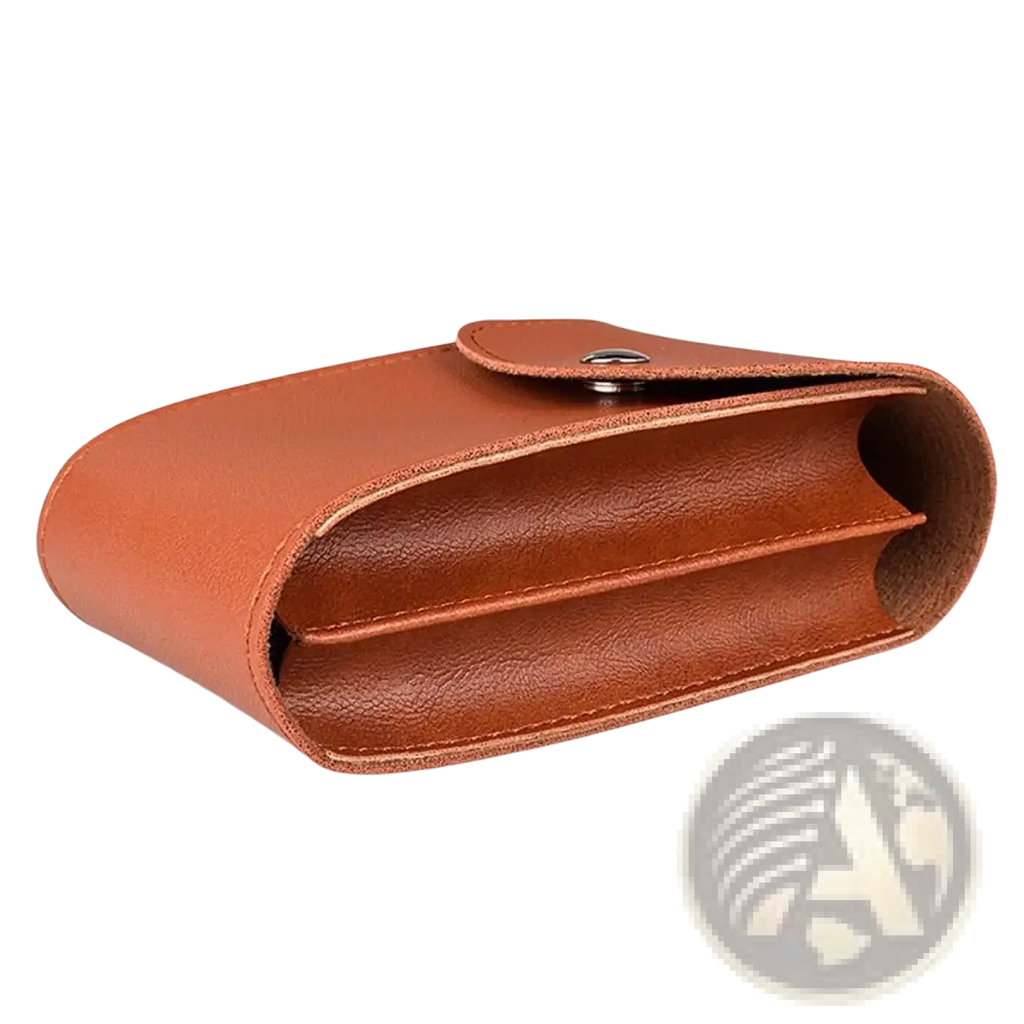 Brown pu leather digital storage bag with flap closure and stitching for portable cable organization