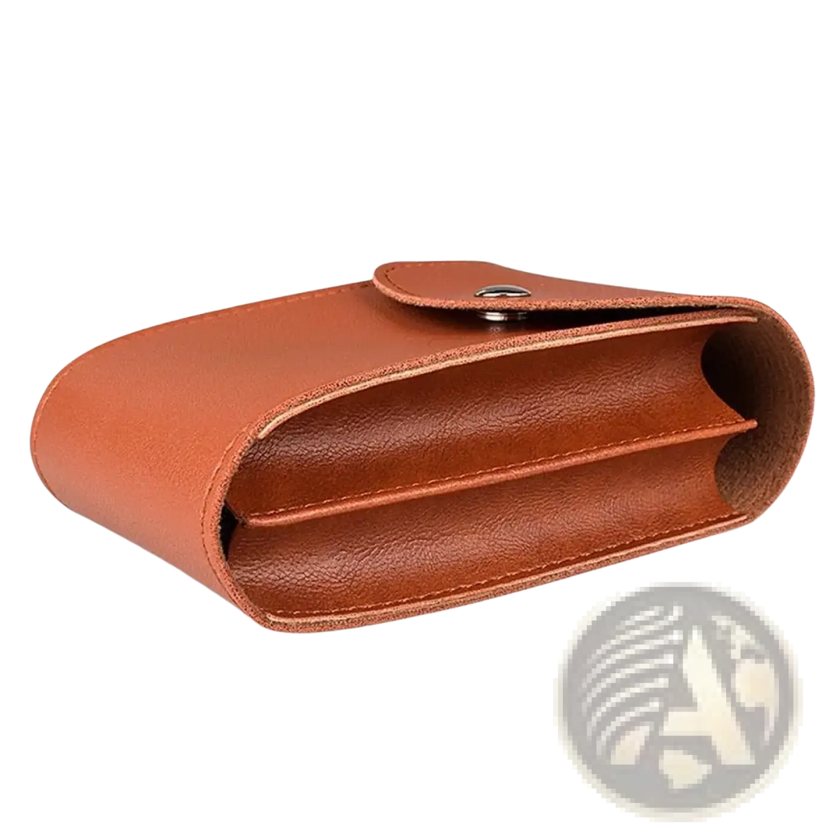 Brown pu leather digital storage bag with flap closure and stitching for portable cable organization