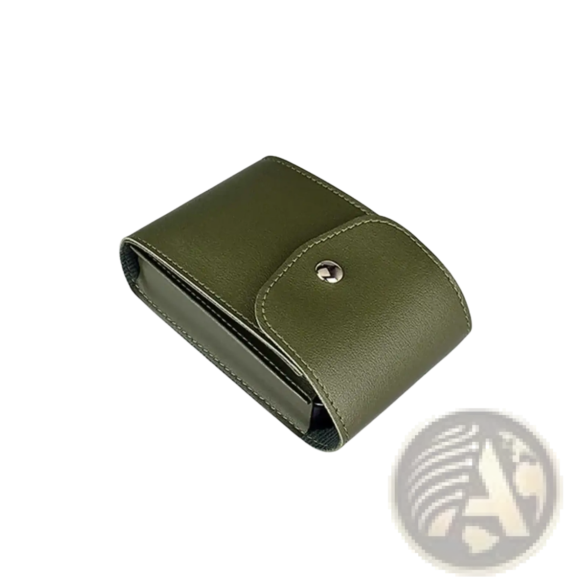 Olive green pu leather digital storage bag with a single silver-toned snap button closure for cable organization