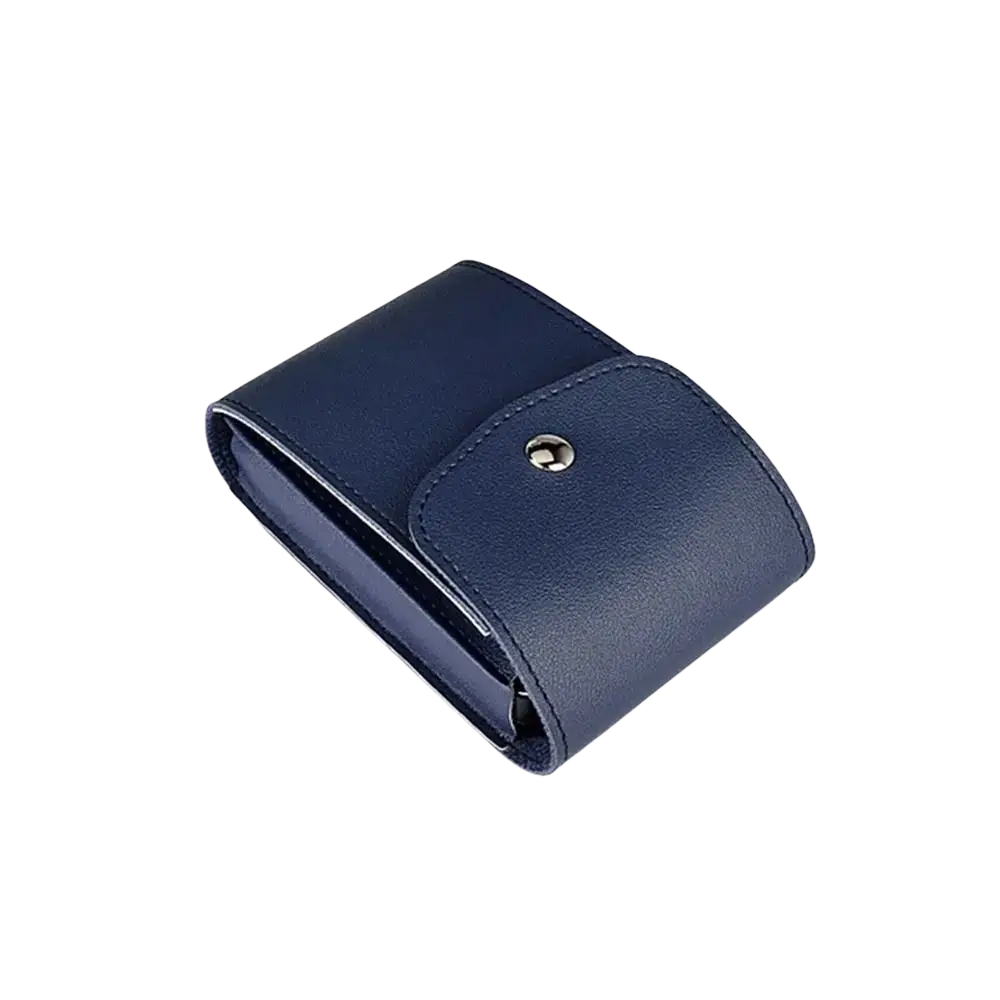Navy blue pu leather digital storage bag with single silver-toned snap button closure for portable cable organization