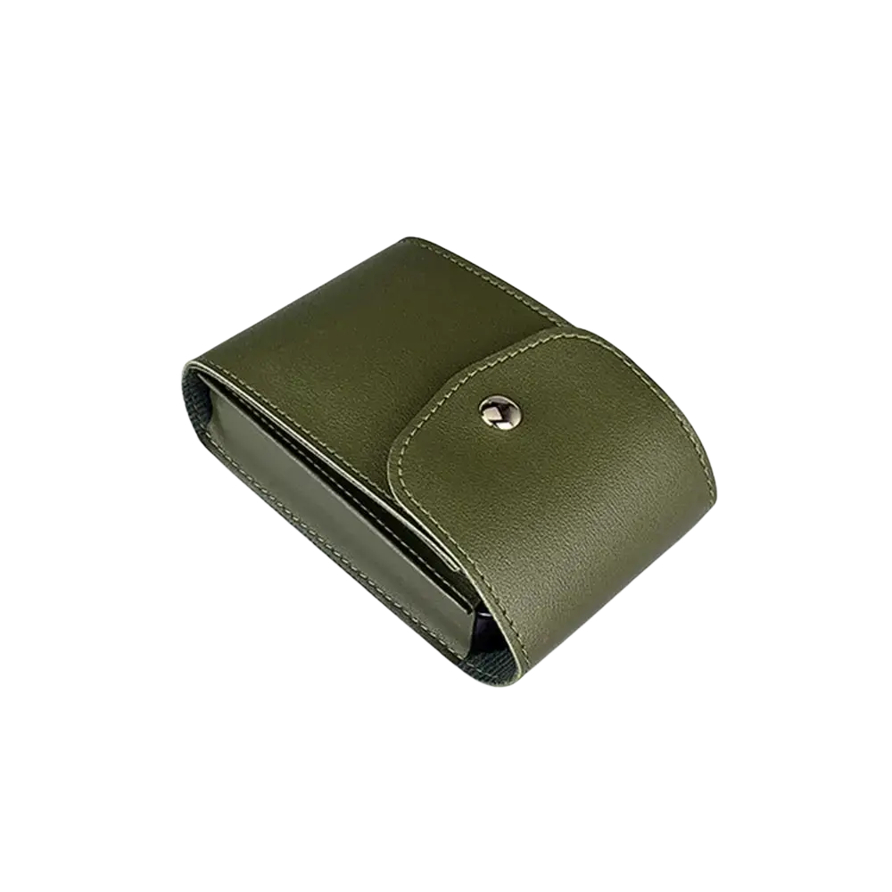 Olive green pu leather digital storage bag with a single silver-toned snap button closure for cable organization
