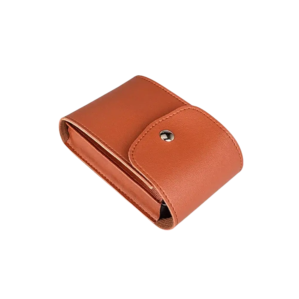 Tan pu leather digital storage bag with single snap button closure designed as a portable cable organizer