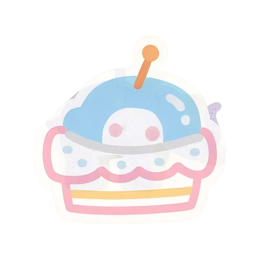 Pu leather elephant keychain with a cute blue and pink cupcake-shaped sticker featuring light blue frosting and an orange candle