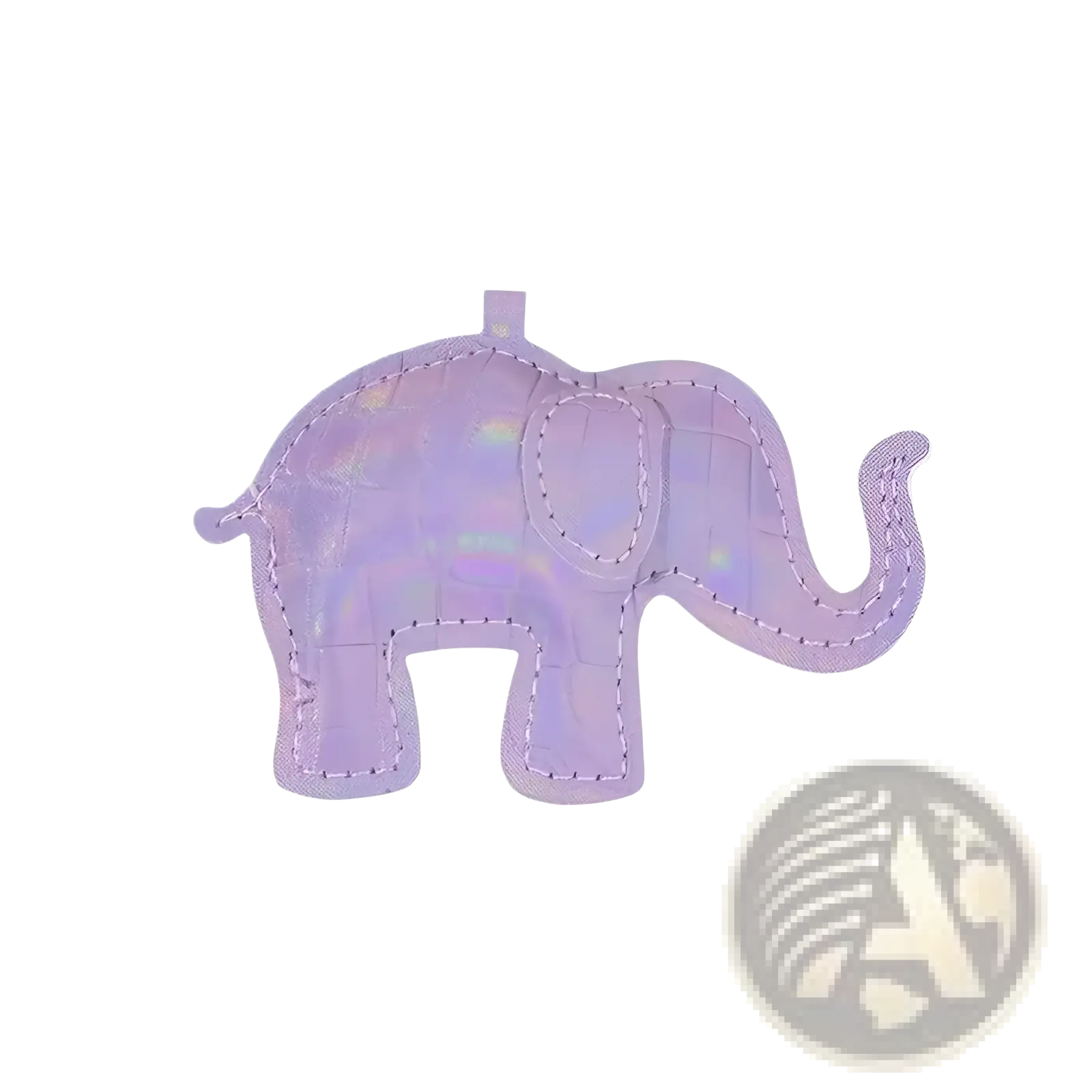A lavender holographic pu leather elephant keychain with stitched detailing perfect for diy animal charm projects