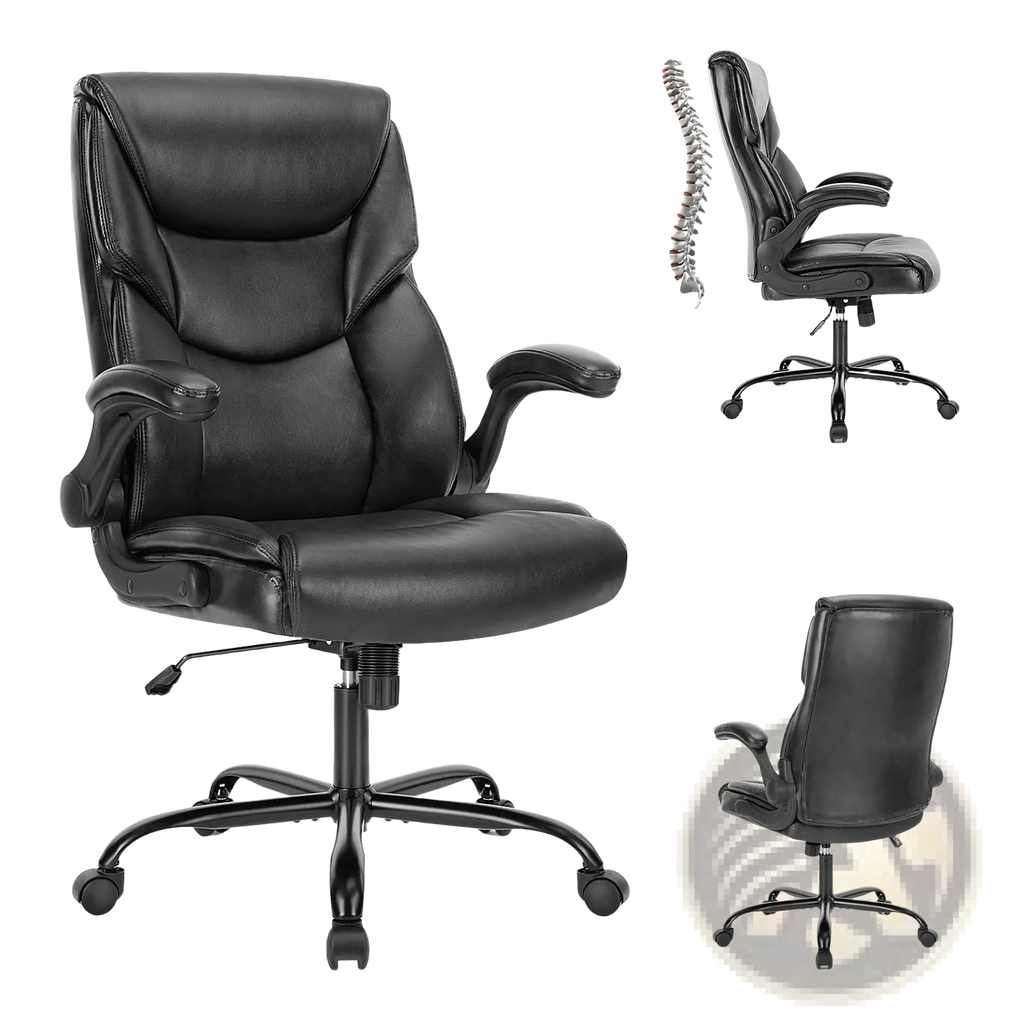 Black pu leather ergonomic office chair with adjustable flip-up armrests and a five-star base for office use