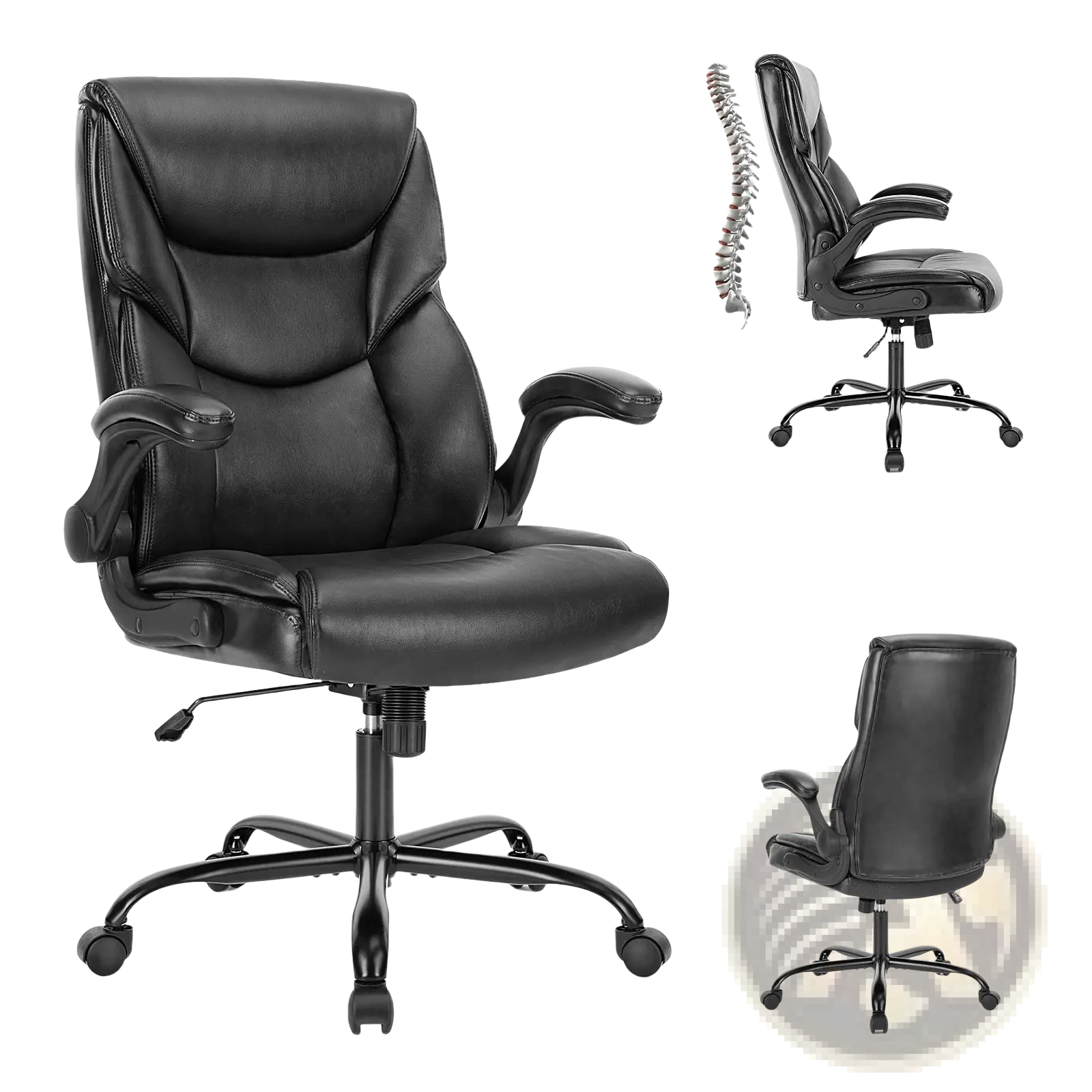 Black pu leather ergonomic office chair with adjustable flip-up armrests and a five-star base for office use