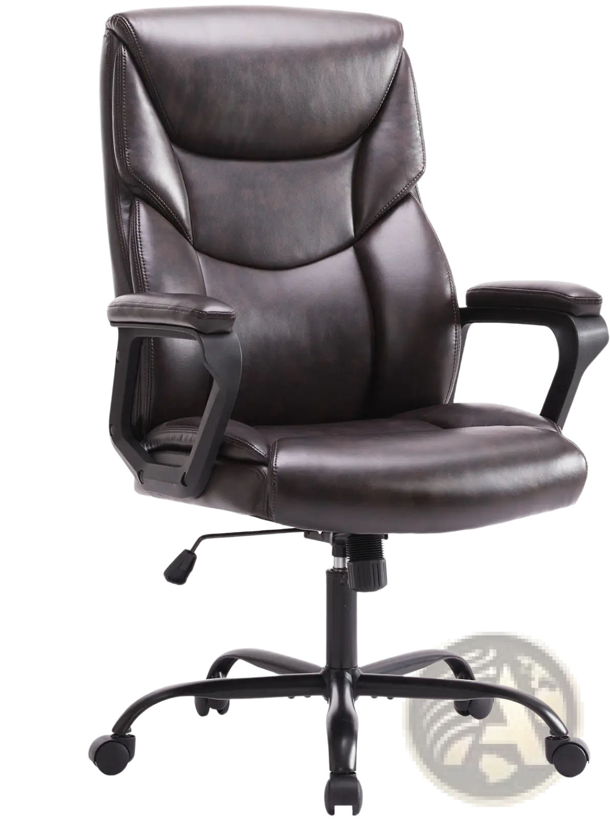 Dark brown pu leather ergonomic office chair with high back, flip-up arms, and five-wheel base for office use