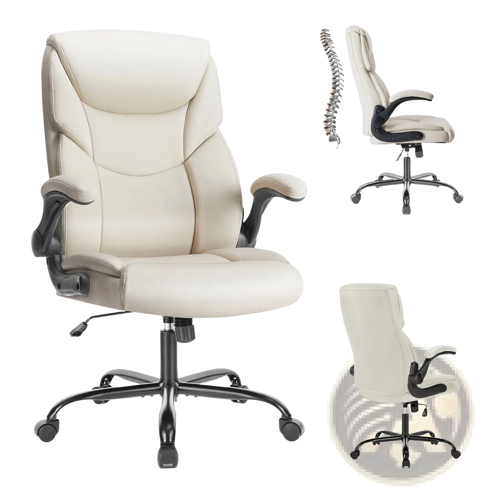 Cream-colored pu leather ergonomic office chair with black flip-up armrests and base for office use