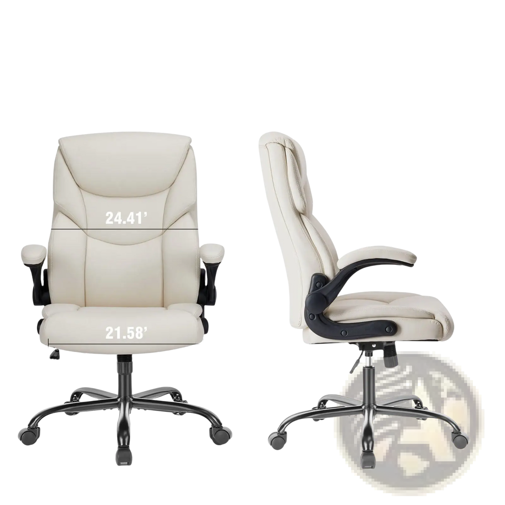 Cream-colored pu leather ergonomic office chair with flip-up arms and black metal base for office use