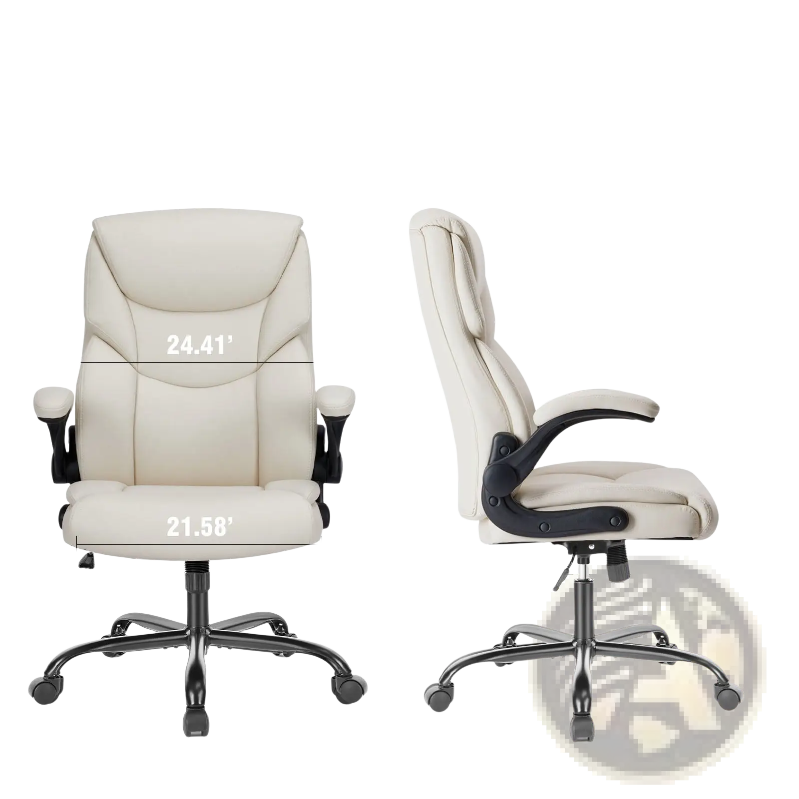 Cream-colored pu leather ergonomic office chair with flip-up arms and black metal base for office use