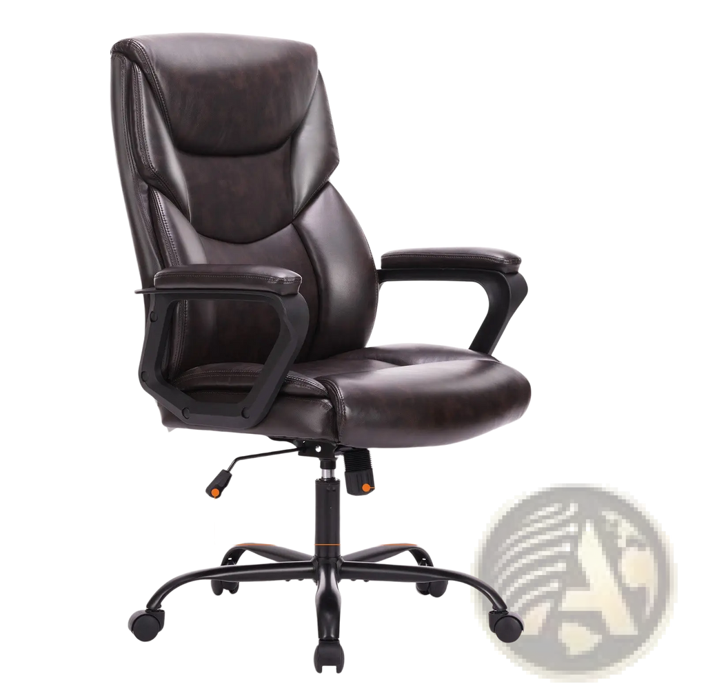 Dark brown pu leather ergonomic office chair with adjustable back, flip-up armrests, and rolling base