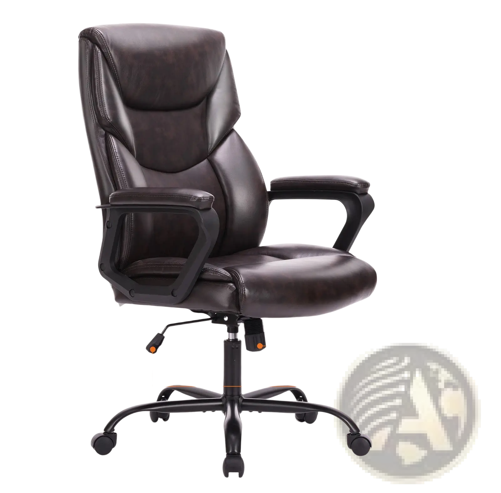 Dark brown pu leather ergonomic office chair with adjustable back, flip-up armrests, and rolling base