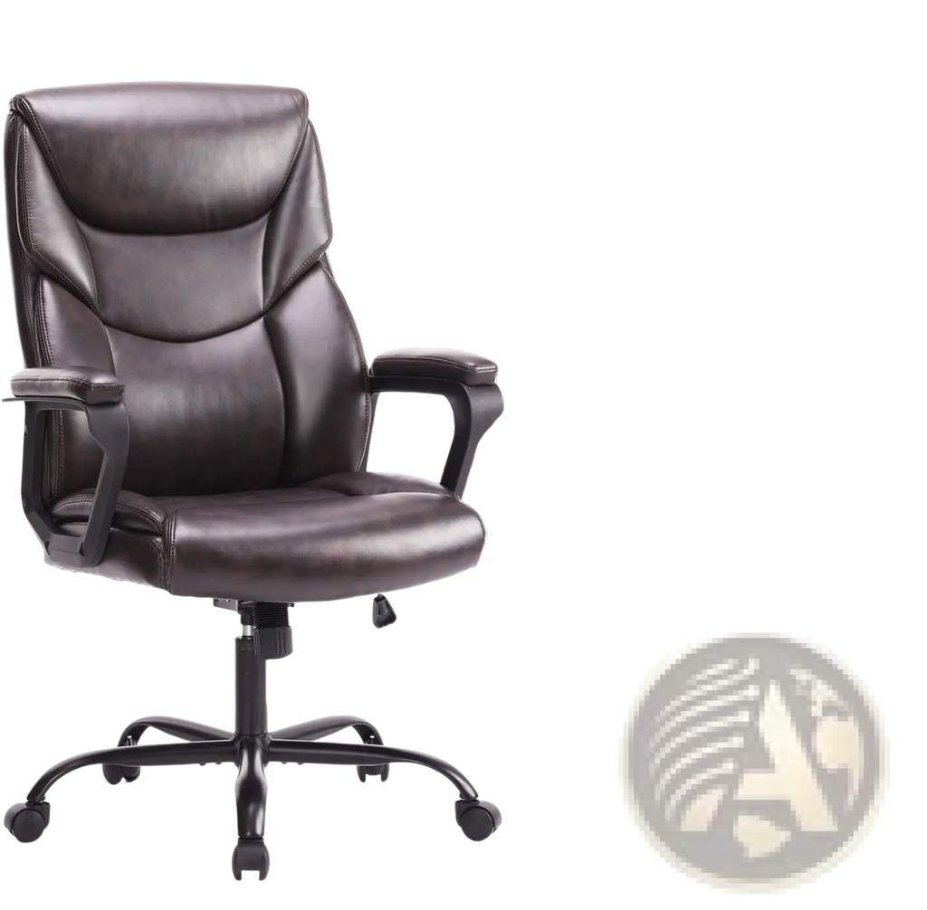 Dark brown pu leather ergonomic office chair with padded backrest and flip-up armrests for executive use