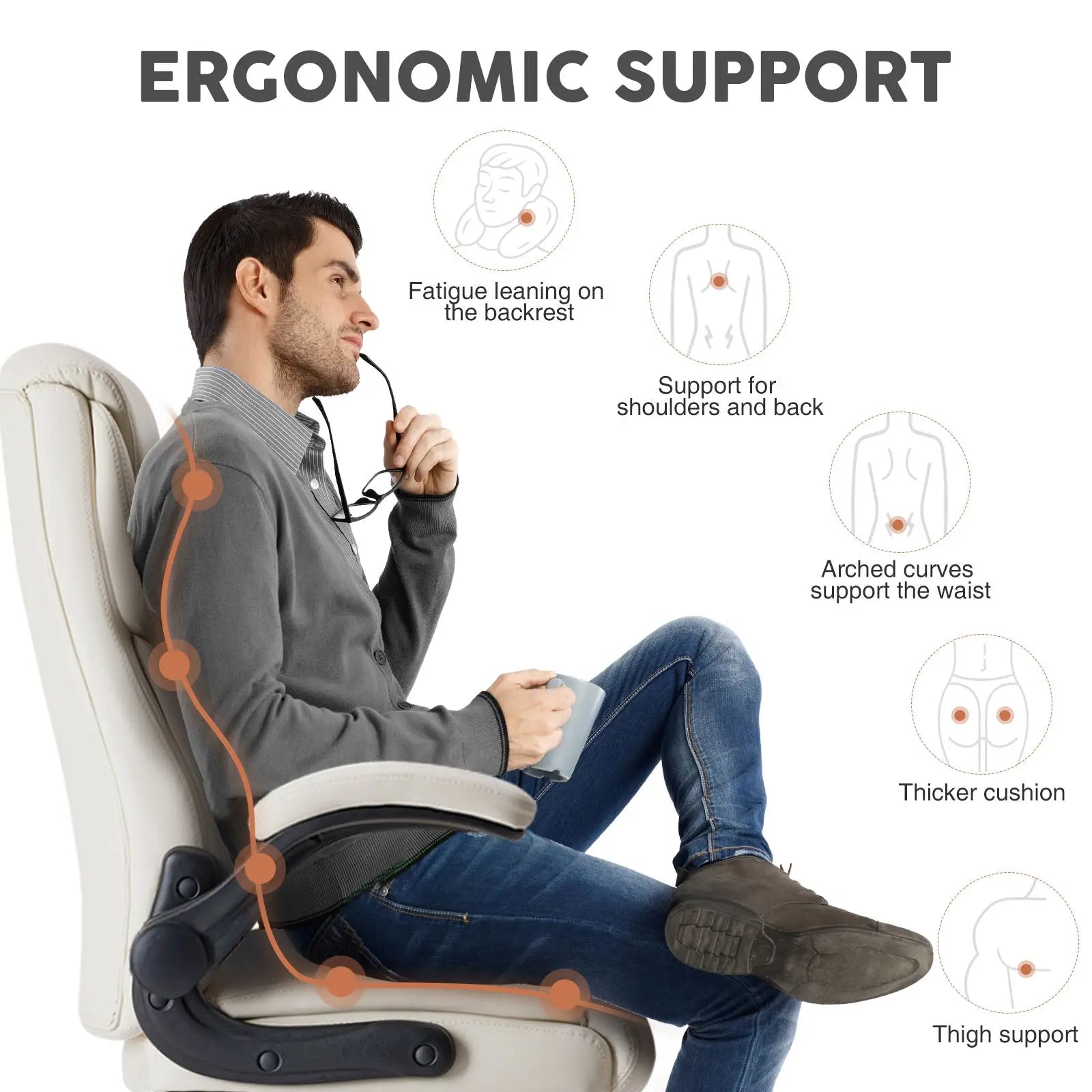 White pu leather ergonomic office chair with black adjustable base and flip-up armrests for office use