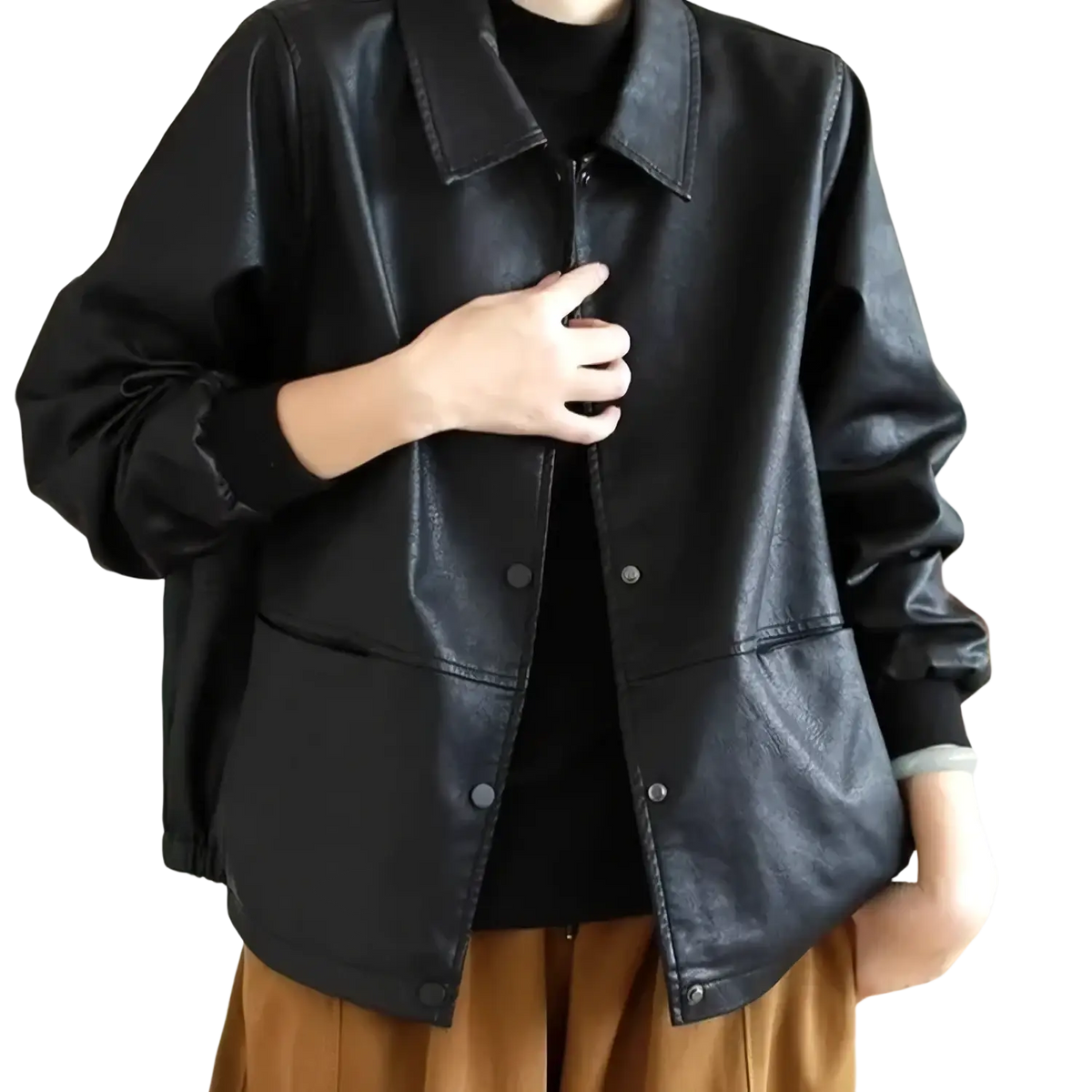 Black pu leather jacket women short faux outerwear with classic collar and front button closure in bomber style