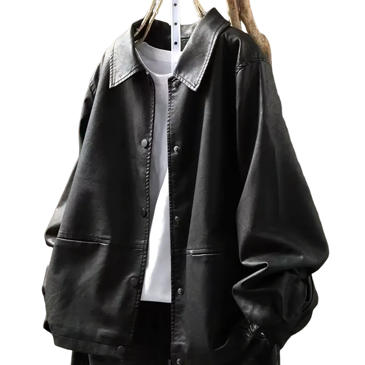 Black pu leather jacket women short faux outerwear with button-up front, classic collar, and front pockets