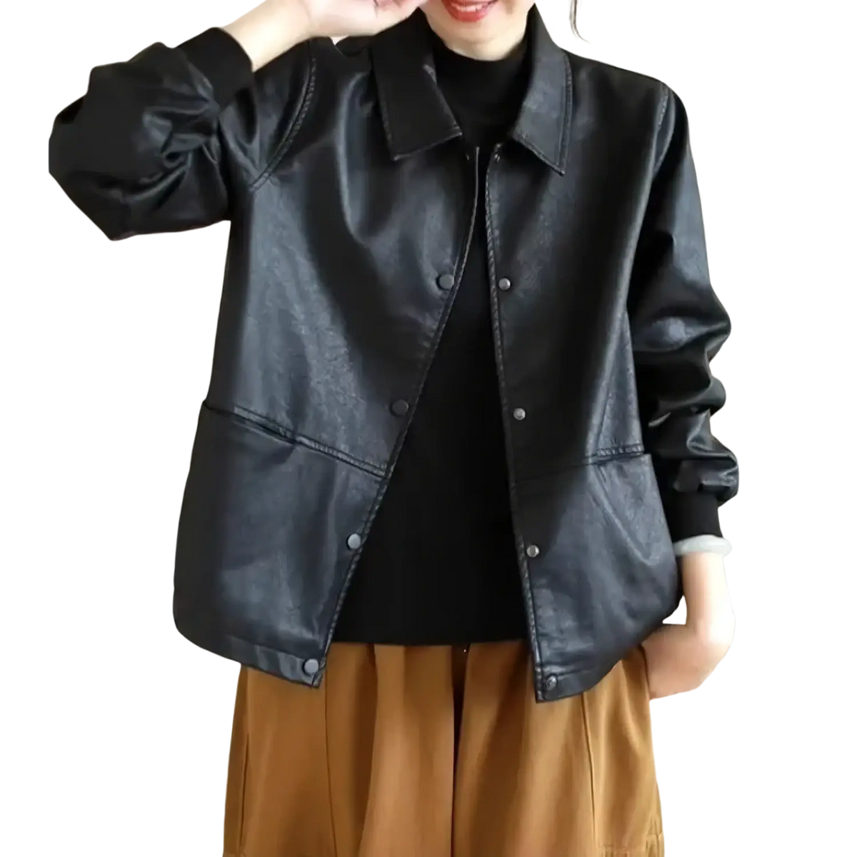 Black pu leather jacket for women with button closures and patch pockets in short bomber style outerwear