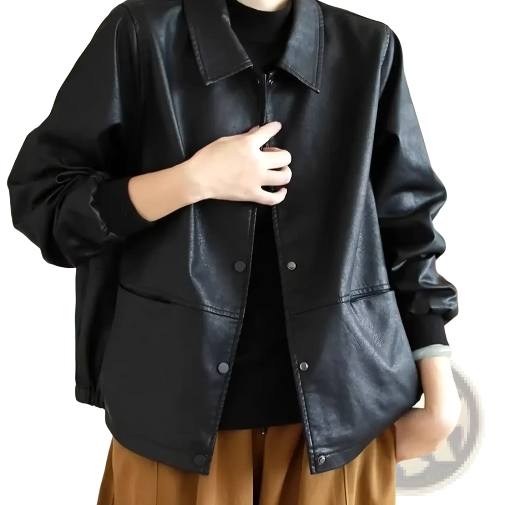 Black pu leather jacket women short faux outerwear with classic collar and front button closure in bomber style