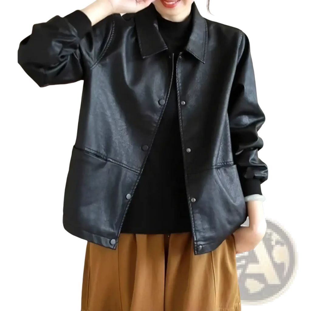 Black pu leather jacket for women with button closures and patch pockets in short bomber style outerwear