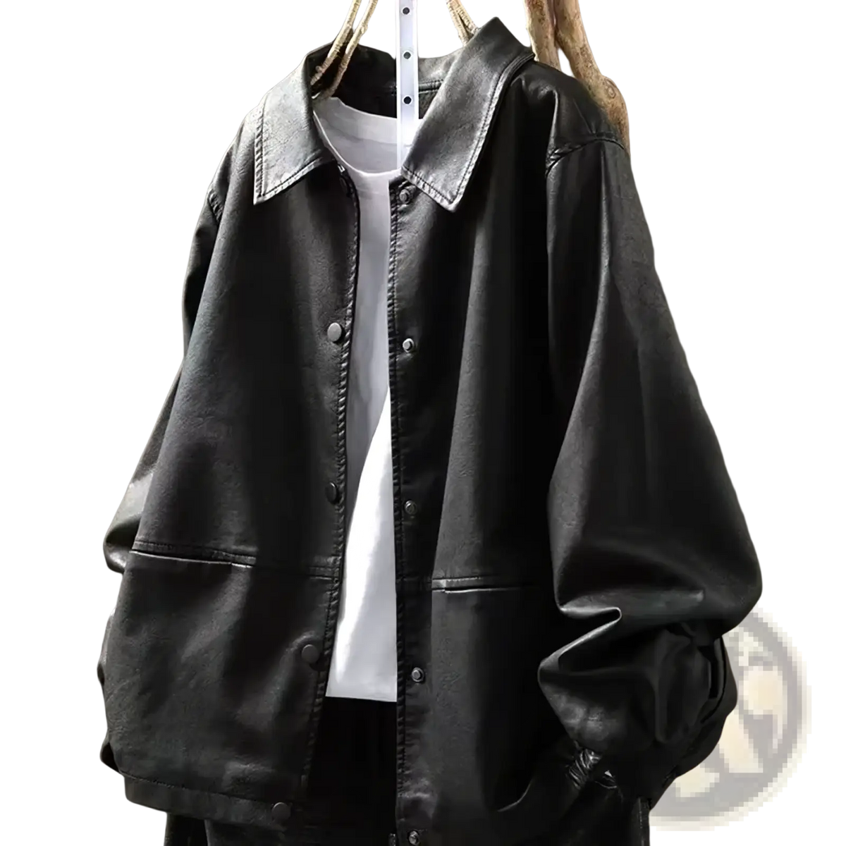 Black faux leather button-up jacket for women with classic collar and front pockets short pu outerwear