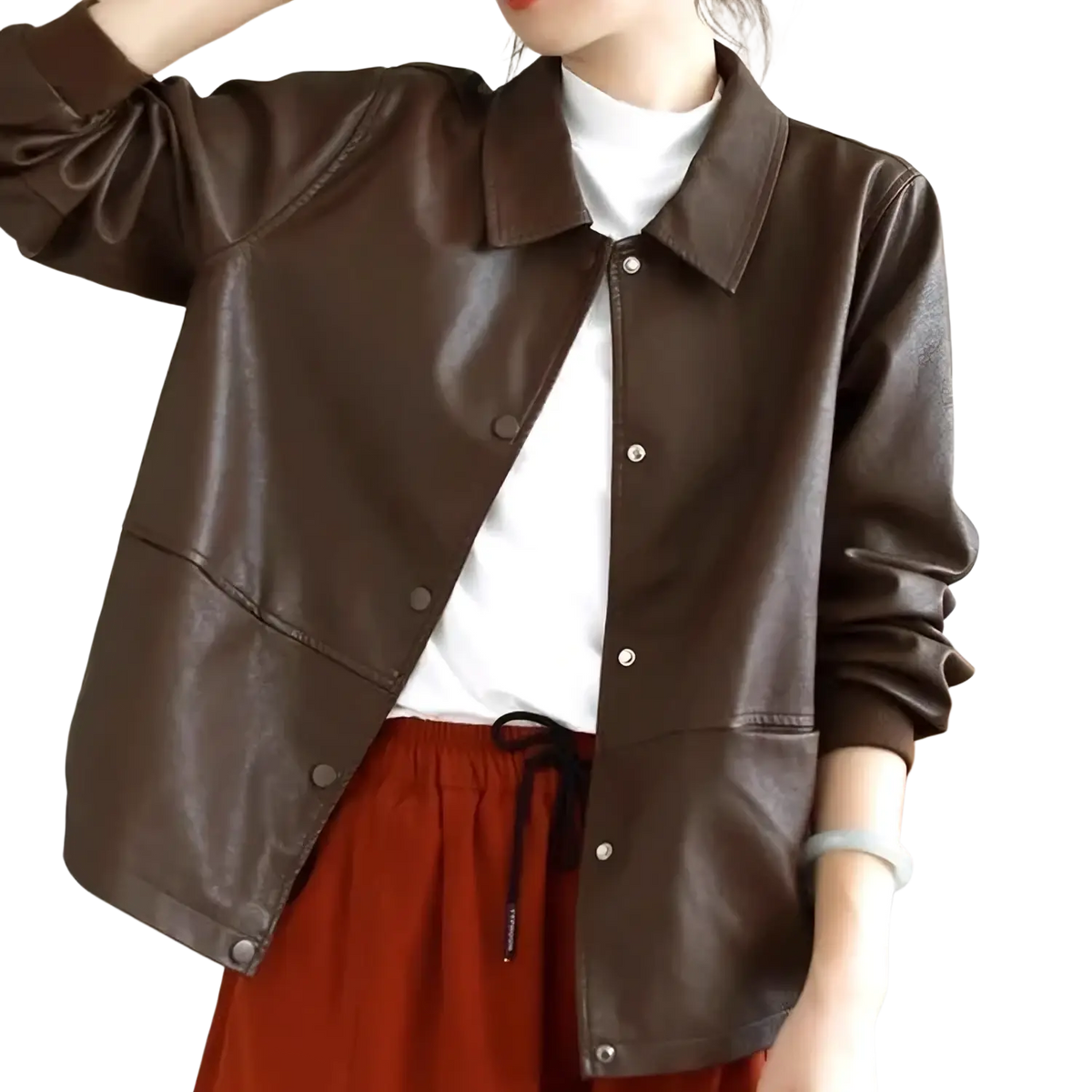 Brown pu leather jacket for women with classic collar and button closure short faux outerwear design