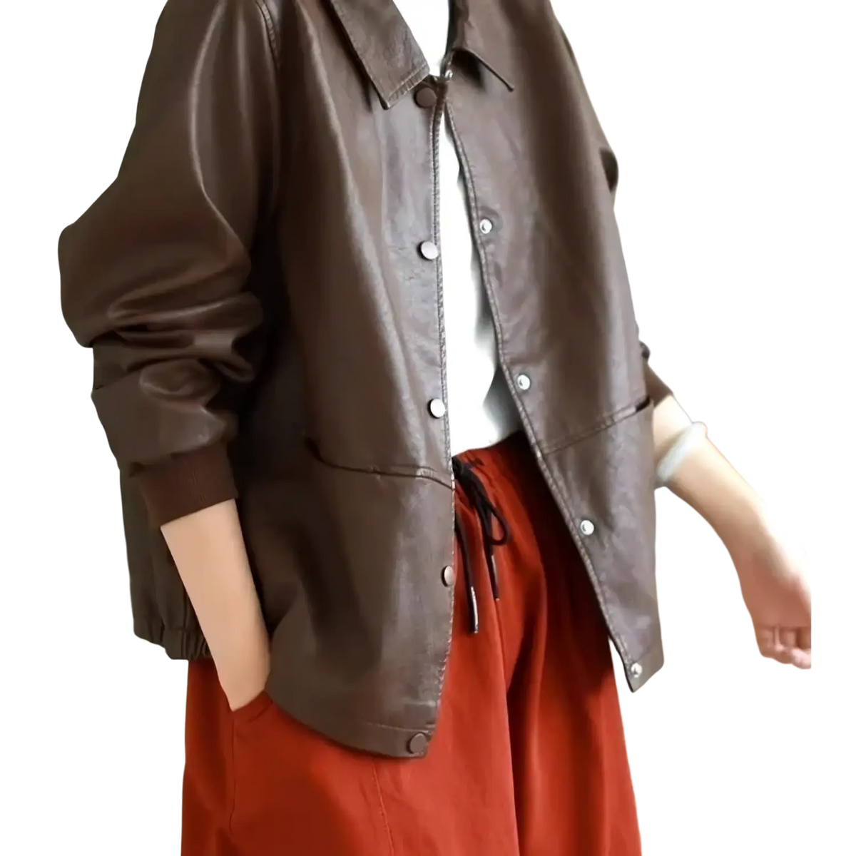 Brown pu leather jacket women short faux outerwear with silver buttons and elastic cuffs front view