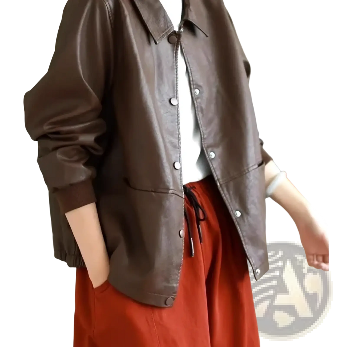 Brown pu leather jacket women short faux outerwear with silver buttons and elastic cuffs front view