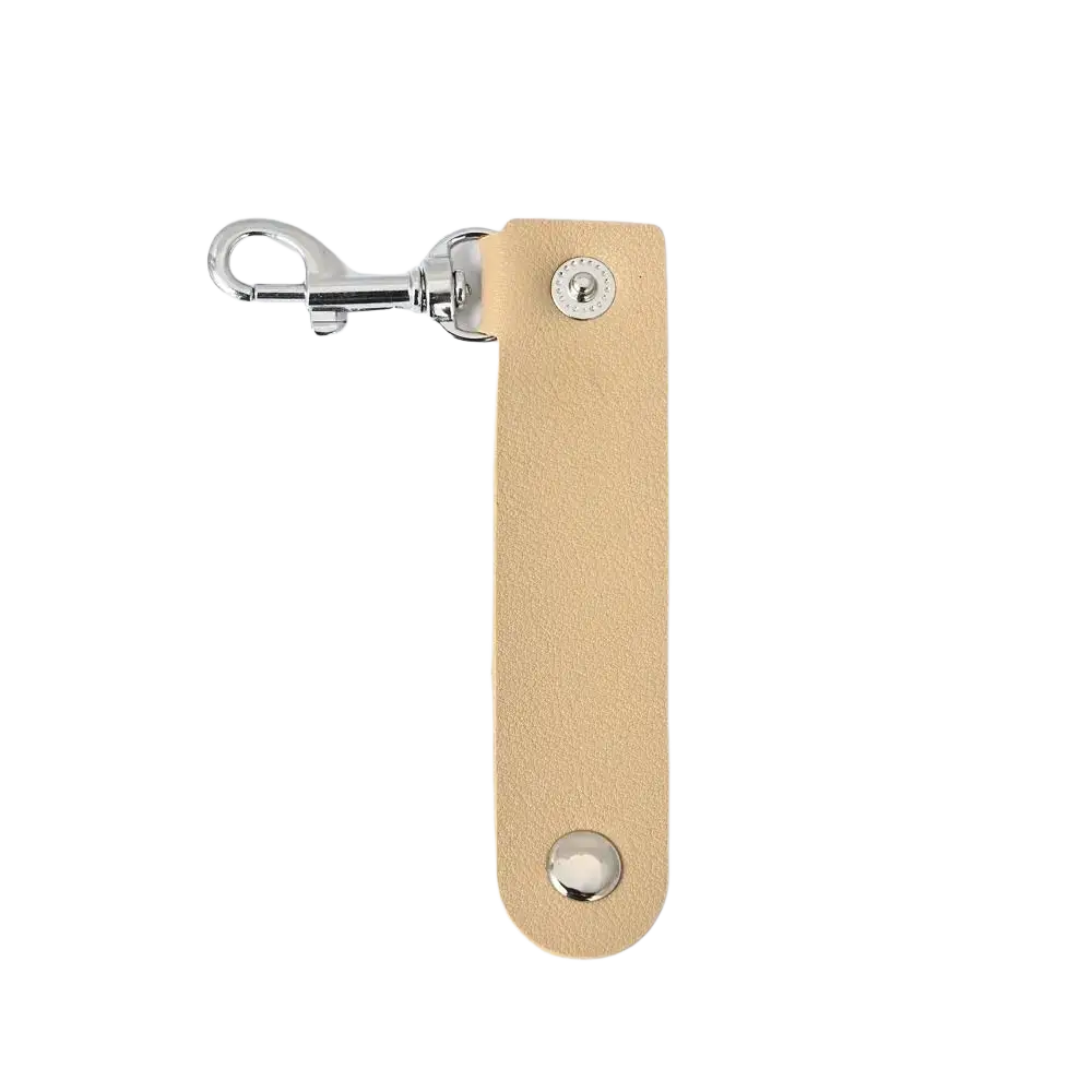 Beige pu leather keychain with silver-toned clasp and two decorative rivets for anti-lost car key strap pendant