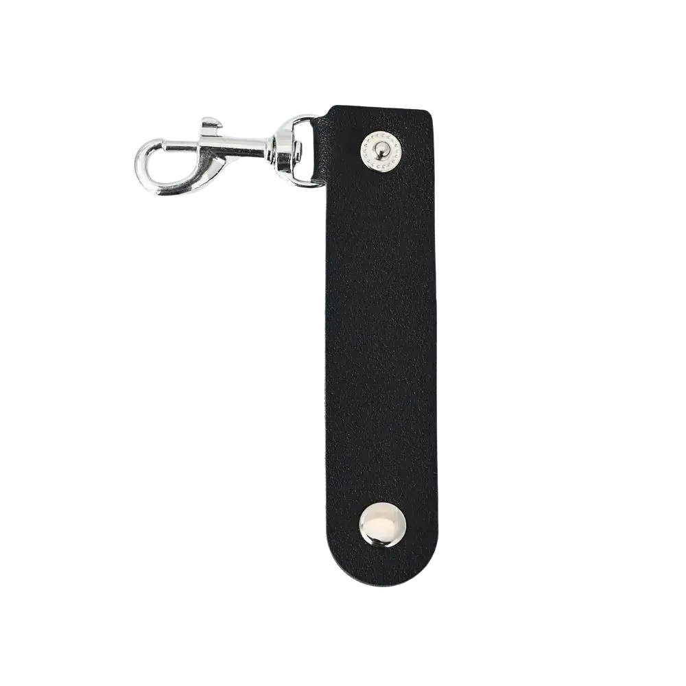 Black pu leather keychain with silver metal clasp and two circular studs for anti-lost car key strap pendant