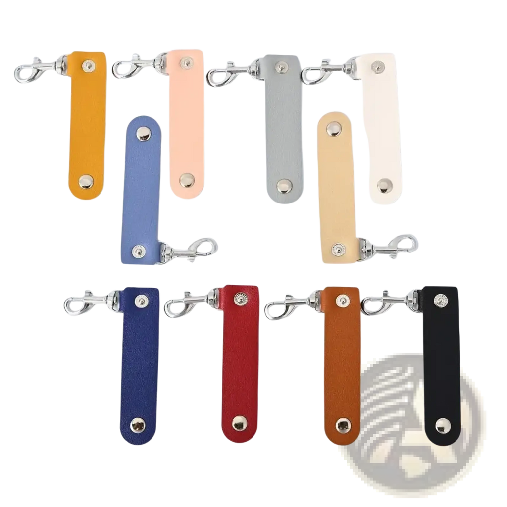 A collection of colorful pu leather keychains with silver metal clasps and rivets for anti-lost car key straps