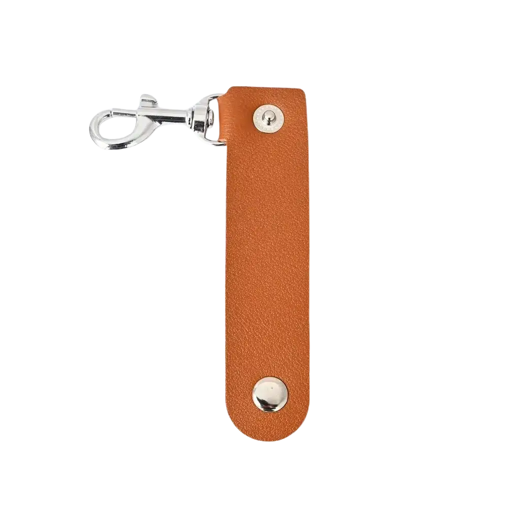 Tan pu leather keychain with silver metal clasp and two rivets for anti-lost car key strap pendant use