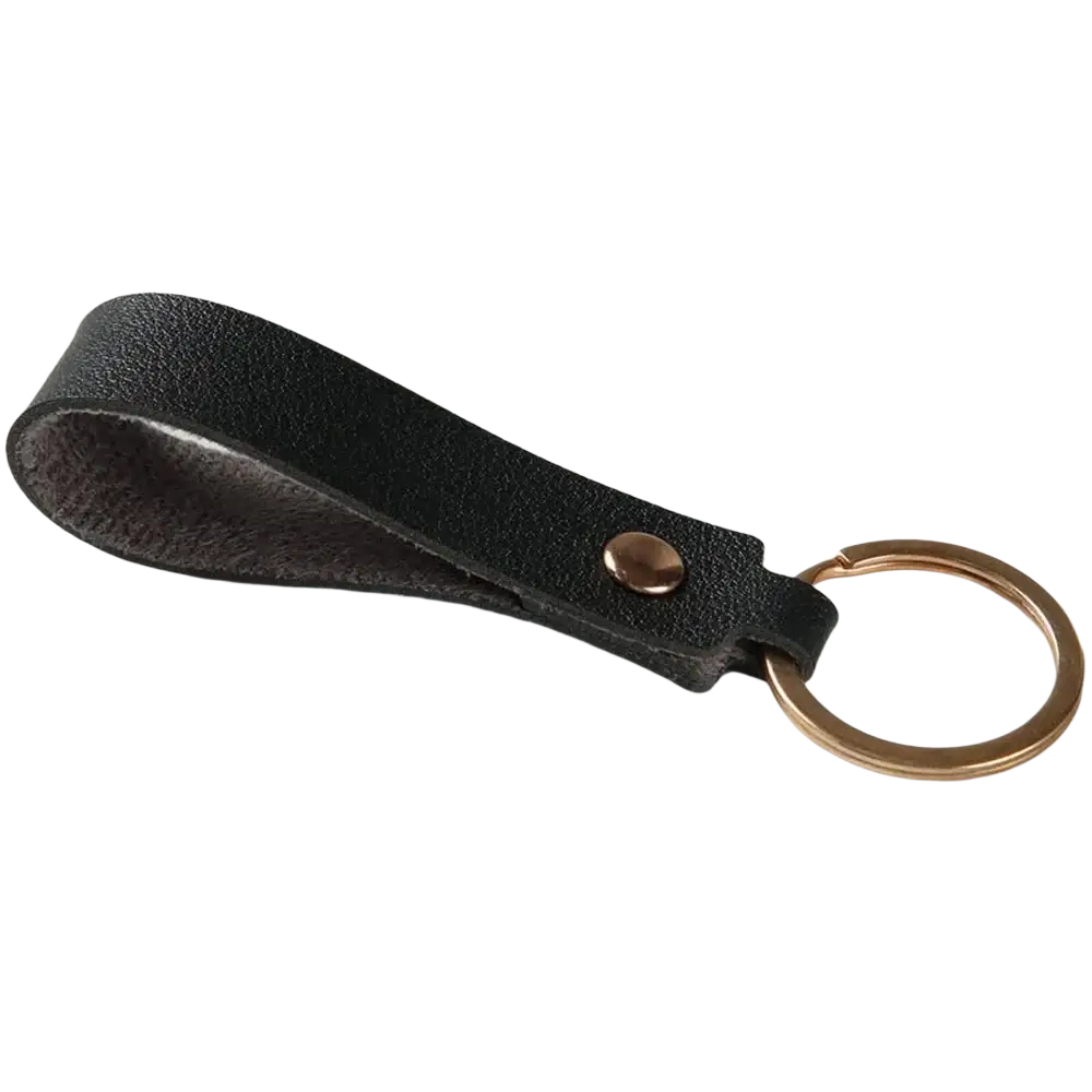Black pu leather keychain with gold-toned metal ring and button in a fashion metal keyring design