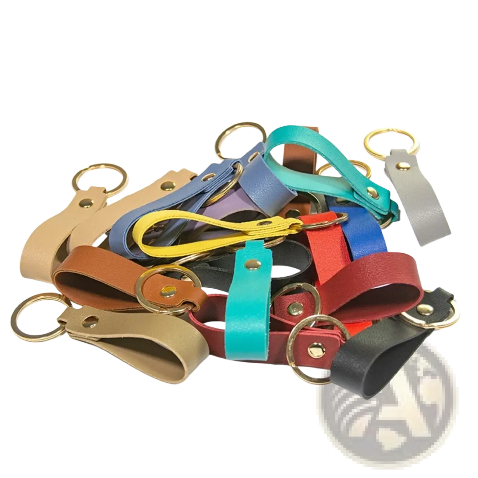 A collection of pu leather keychains in tan blue yellow red and black with gold metal rings fashion keyrings
