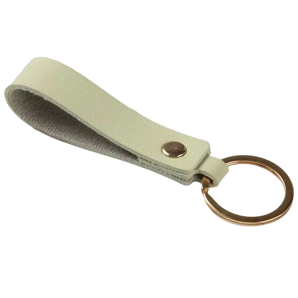 Minimalist beige pu leather keychain with gold-toned metal keyring and button closure for stylish organization