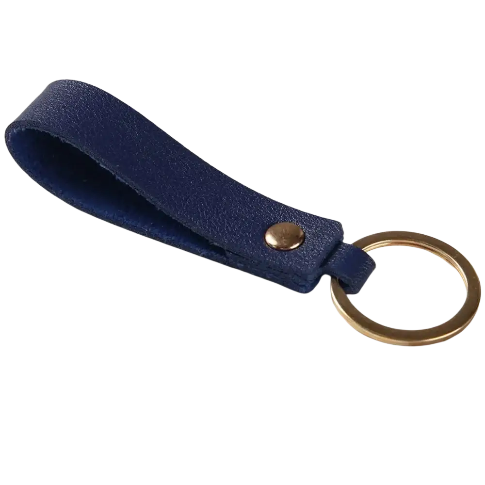 Navy blue pu leather keychain with gold-toned metal ring and button fastening for stylish key organization