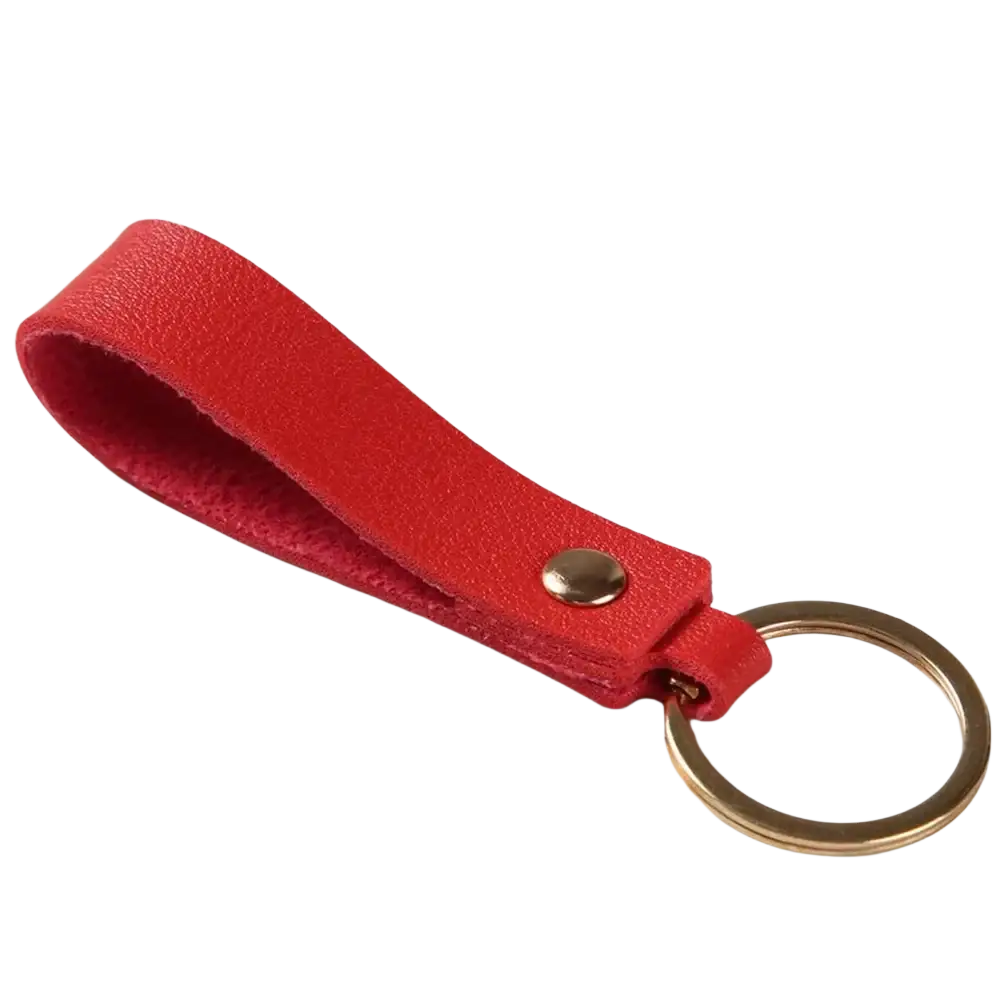 Red pu leather keychain featuring a gold-toned metal ring and button for stylish key organization