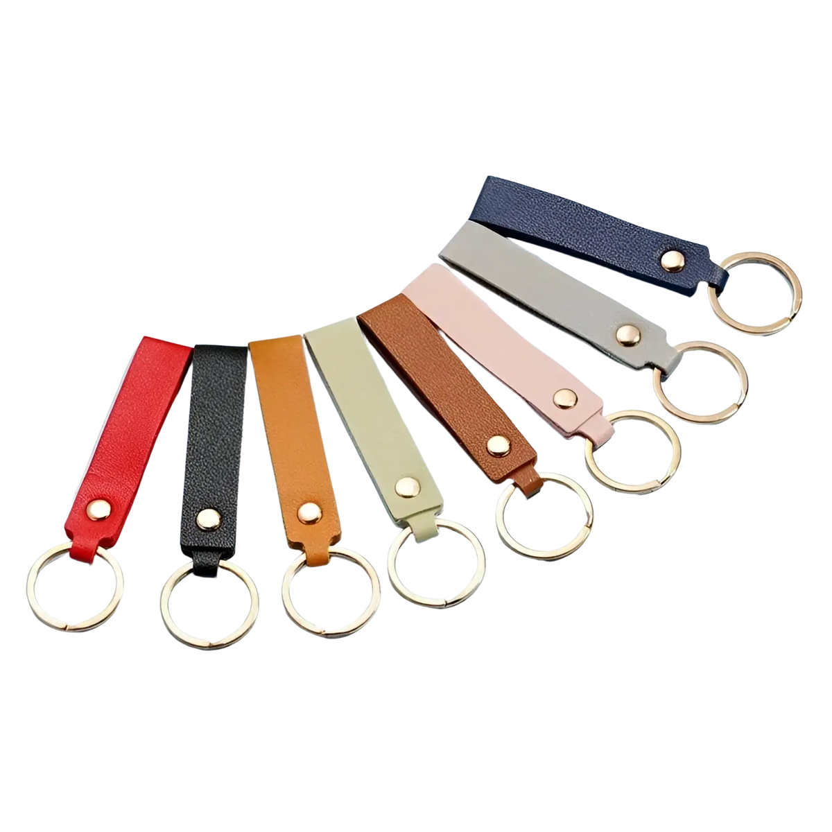 A set of colorful pu leather keychains with metal keyrings in red black orange beige brown pink gray and navy blue