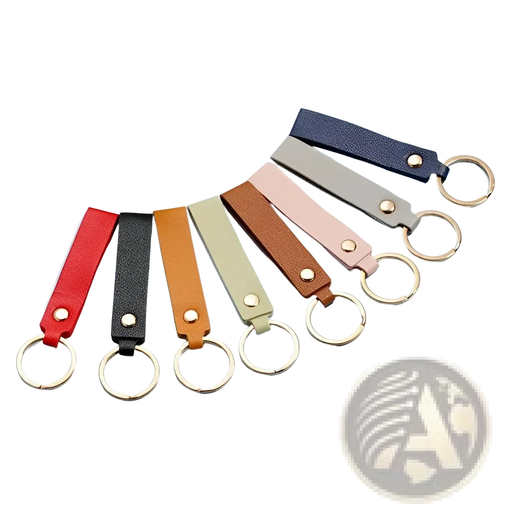 A set of colorful pu leather keychains with metal keyrings in red black orange beige brown pink gray and navy blue